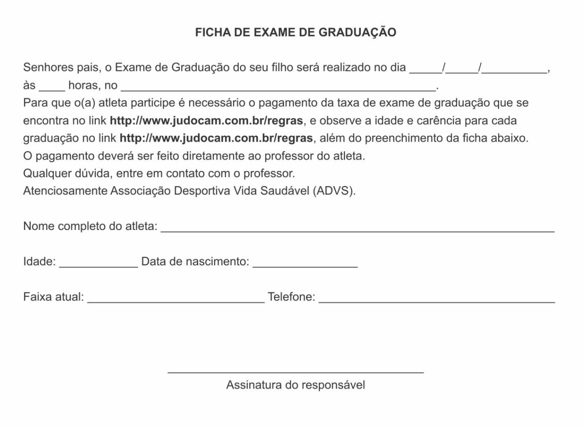 Ficha de inscrição para o Exame de Graduação